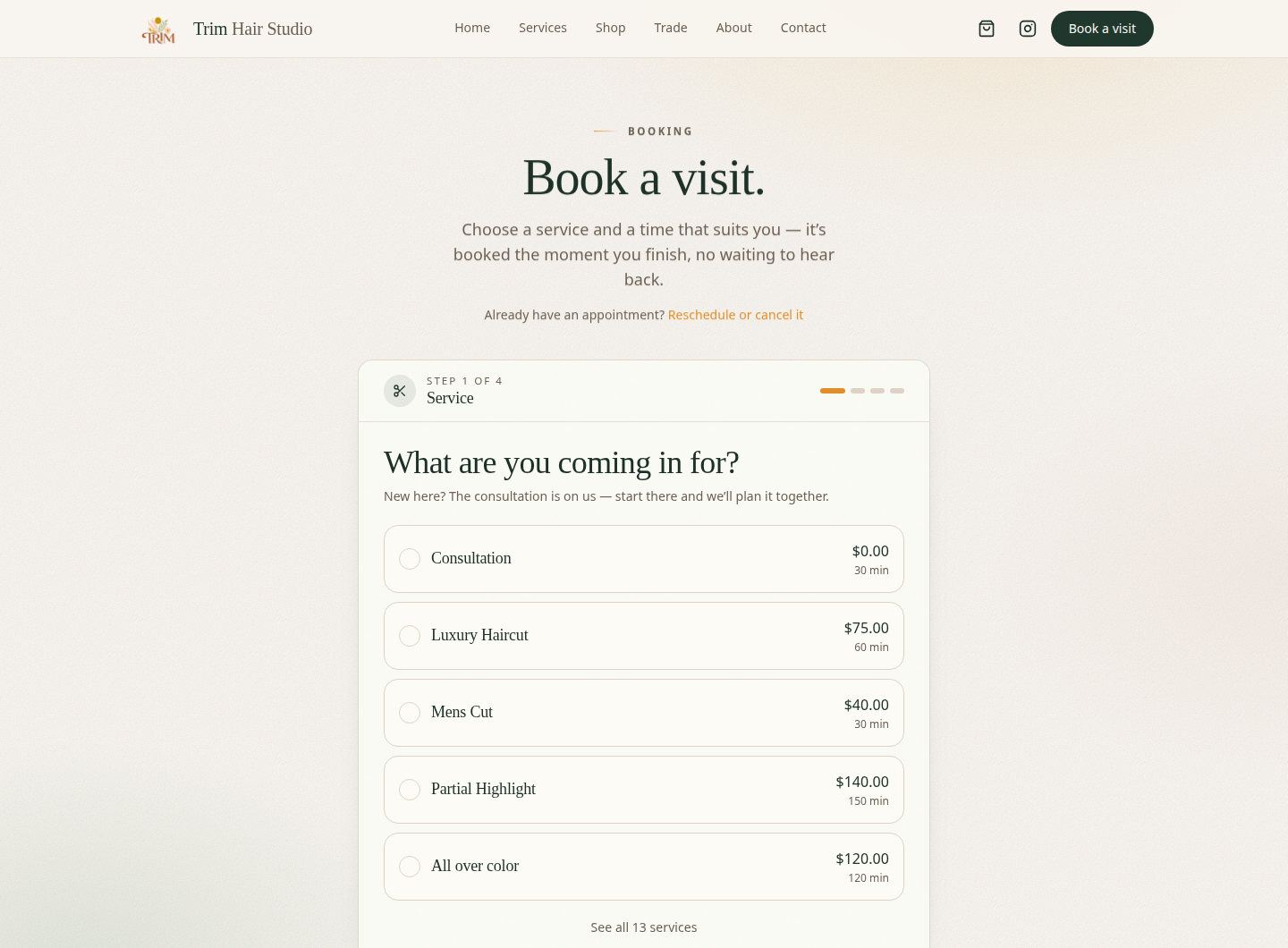 Trim Hair Studio public booking page with its service selection