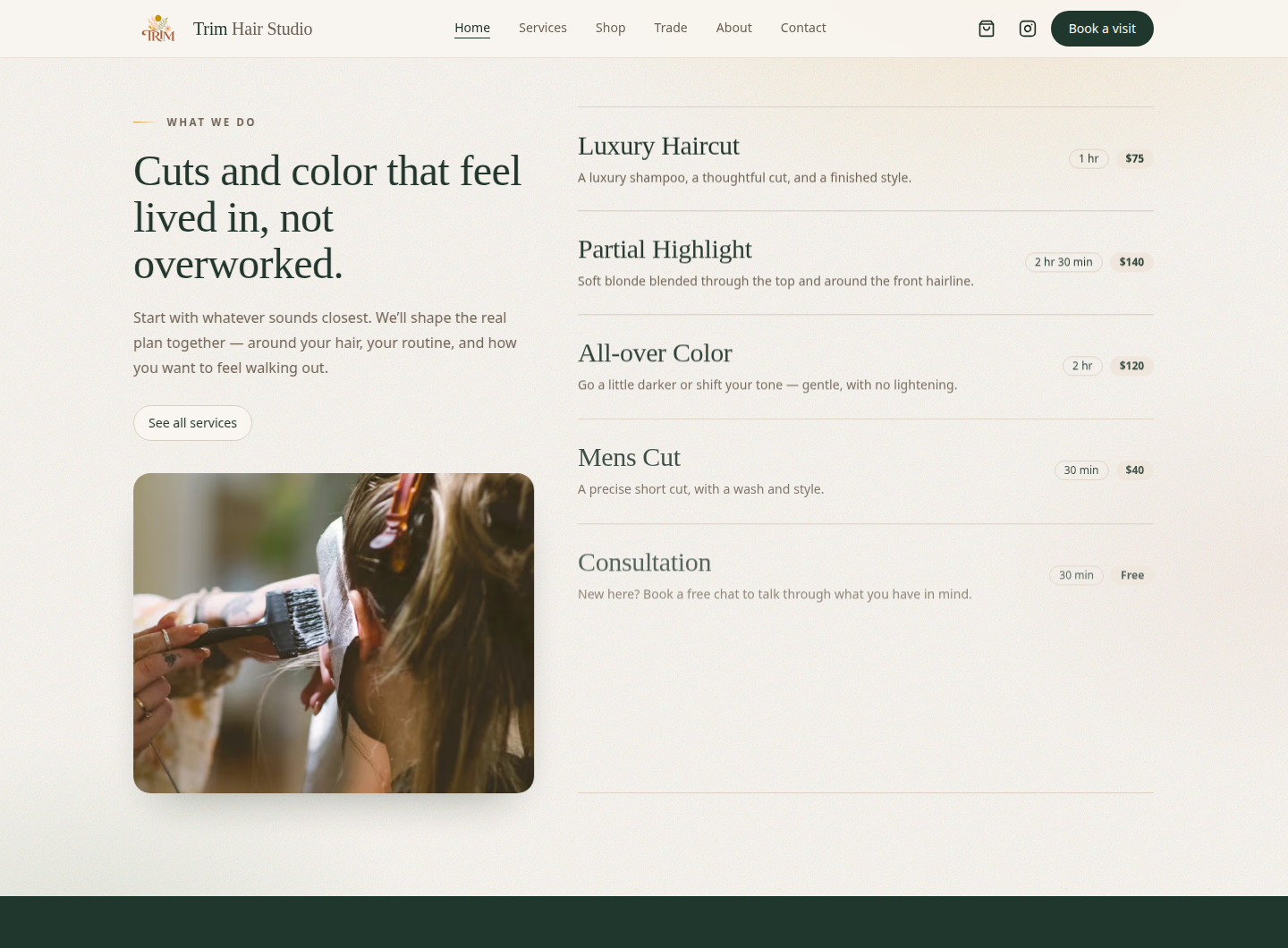 Trim Hair Studio website showing services, pricing and booking links
